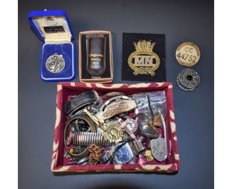 Boxes and Objects - a stag horn whistle, a Rotary automatic wristwatch;  others Kangol, Ravel etc;  enamel badges, bus attend