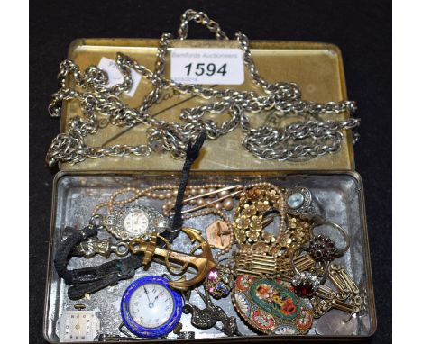 A marcasite deer brooch; silver and enamel wristwatch; rings; etc.