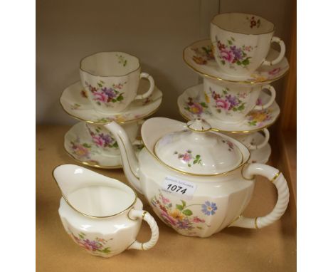 Royal Crown Derby - a posies pattern part tea set for five inc teapot, cups, saucers, milk jug, printed marks, first quality