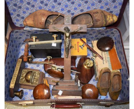 Interior Design - an assortment of mid-20th century door furniture; a suitcase; an Ensign box camera; a Kodak Brownie Reflex,