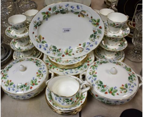 A Duchess Strawberry Field pattern dinner and tea service, for six, comprising dinner plates, side plates, bowls, vegetable d
