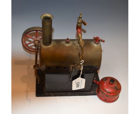 An early 20th century live steam model stationary engine, sheet brass cylinder, rectangular base, 18cm wide