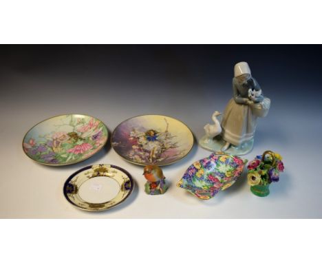 A Lladro Goose Girl figure; a Royal Winton chintz Julia pattern pin dish; a Royal Worcester model of a Robin; a pair of Flowe