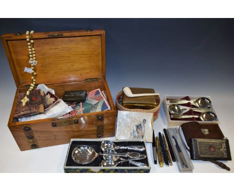 A late 19th century workbox, brass mounted; assorted cottons, needles, crochet hooks, knitting needles, scissors, a darning m