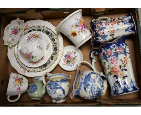 Ceramics - Royal Crown Derby Posies pattern, two cups and saucers, tea plate, dish, etc.; an H & H Co Aquila pattern jug, blu
