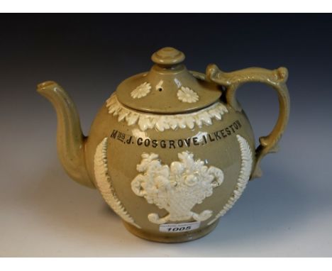 A 19th century stoneware teapot, Mrs J Cosgrove, Ilkeston