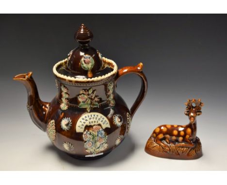 A Victorian bargeware teapot and cover, A Present To My Dear Mother 1891, sprigged with flowers and foliage, the cover with t