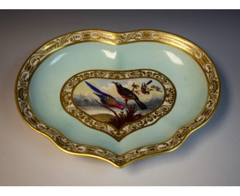 A Derby heart shaped dish, painted by Richard Dodson, painted with three birds in a heart shaped panel under a light turquois