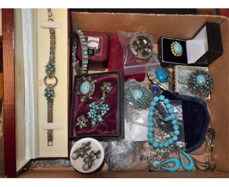 Jewellery - a pair of silver and turquoise blue stone drop earrings, indistinctly marked;  others;  beads, brooches, dress ri