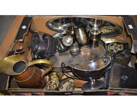 Metalware - plated ware including teapot, two-handled pedestal sauce boat, oval galleried tray, table salts, sardine dish, et