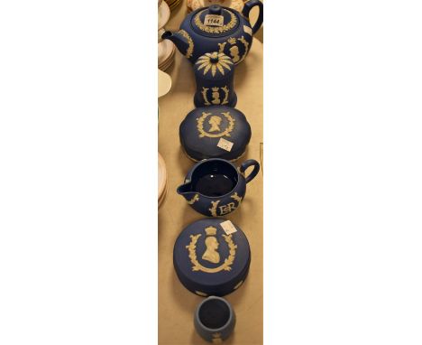 A Wedgwood Jasper commemorative teapot, jug, jar and cover; etc.