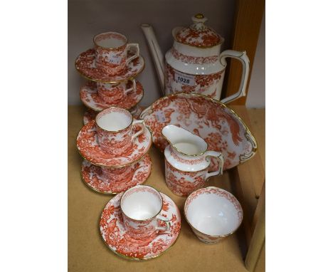 A Royal Crown Derby Red Aves pattern coffee set, comprising coffee pot and cover, cream jug, sugar bowl, six coffee cans, sev