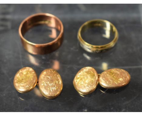 A pair of gentlemans 9ct gold cufflinks; a 9ct gold wedding band; another (3), 13g