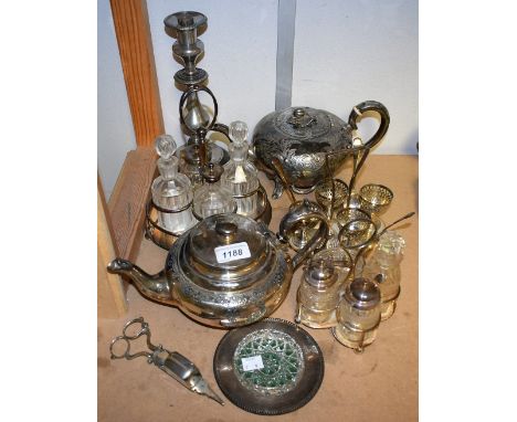 A Victorian silver plated teapot; a similar EPBM teapot; an EPNS four bottle cruet set; an EPNS egg stand with spoons; a cand