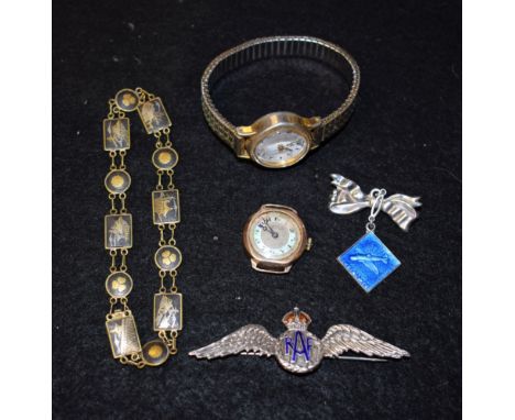 A 9ct gold lady's wristwatch case; silver and enamel RAF sweetheart brooch; Japanese enamel bracelet; etc.