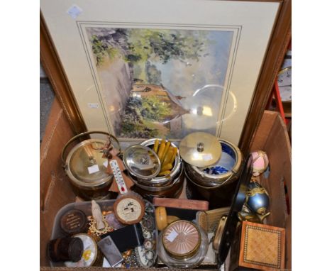 Boxes and Objects - a late Victorian oak biscuit barrel with blue and white pattern ceramic liner; others similar; a 1930's m