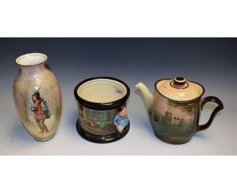 Royal Doulton Series Ware - a Rosalin vase; Cawdor Castle teapot; Dickensware; tobacco pot (3)