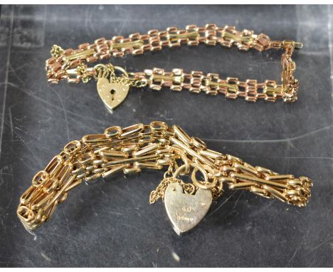 A 9ct gold fancy link gate bracelet, padlock clasp; another two tone yellow and rose gold, 21.7g (2)