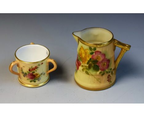 A Royal Worcester blush ivory miniature three handled tyg, date code for 1903; a blush ivory miniature jug, date code for 190