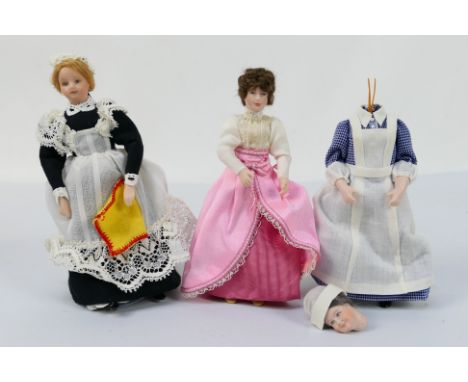 Three off 1:12 scale Dressed Dolls by Carol Slater, super detail suitable for displaying with Tudor Miniatures furniture, box