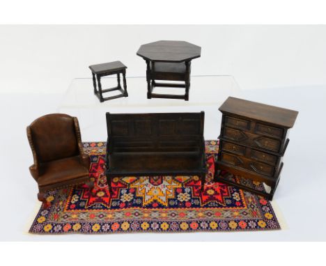 Tudor Time Miniatures by Norman Jones - 1:12 scale lounge furniture comprising a Settle, a hinged Seat beneath a flip-top oct