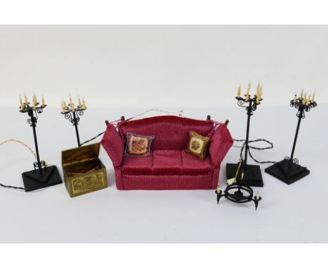 Tetbury Miniatures and other - 1:12 scale furniture comprising red Sofa with two cushions, brass Log Box with logs, four Stan