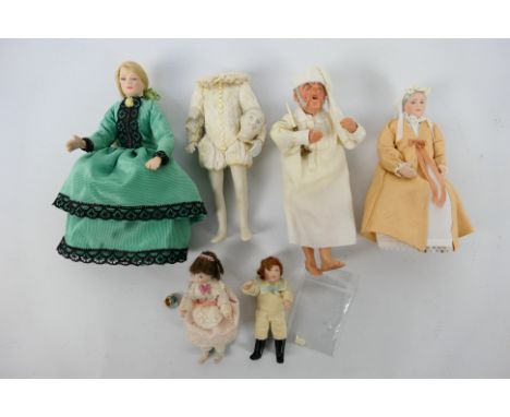 Six off 1:12 scale Dressed Dolls by Carol Slater, super detail suitable for displaying with Tudor Miniatures furniture, boxed