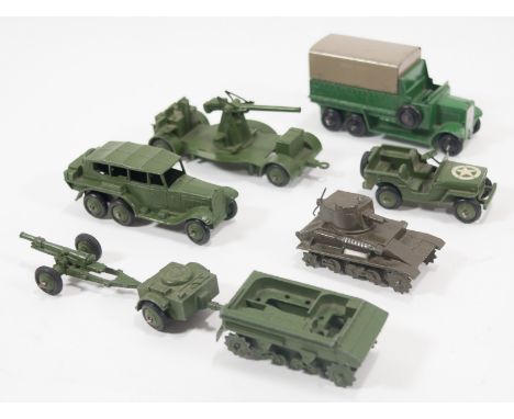 Dinky toys, diecast military related models; Six-wheeled transport wagon 151b, light army tank 152a (no tracks), reconnaissan