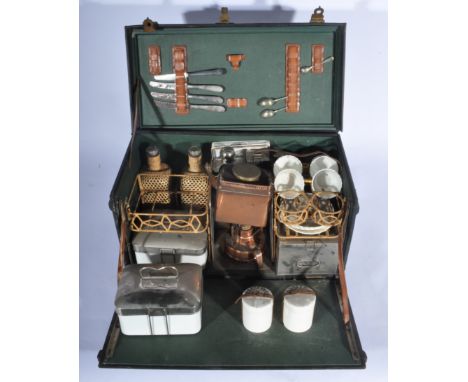 G W Scott & Sons vintage motor car picnic set, for four people, c1910, black leather case with green lining, with chrome lidd