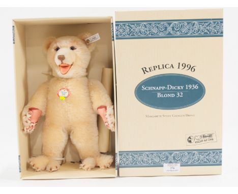Modern Steiff teddy bear; "Schnapp-Dicky" replica 1936 blond, 32cm tall, with box and certificate limited edition of 5000.