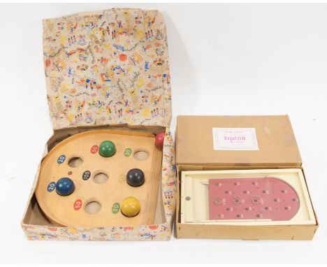 Chad Valley wooden Bagatelle toy no.9332 boxed and ball game, with another wooden floor ball game boxed, (2).