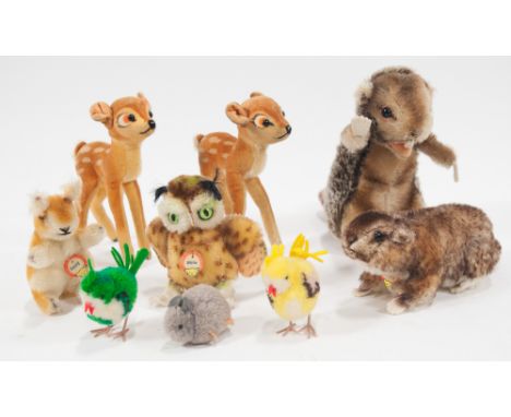 Steiff small plush animals, c1960s, deer (x2), owl, mouse, squirrel, two beavers and two birds, (9).
