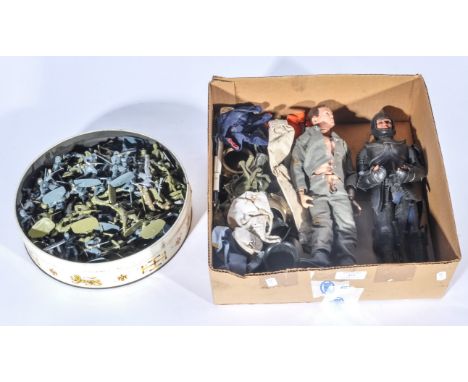 Palitoy Action Man figure, with selection of accessories and outfits, early example with hard hair, with a Marx Toy figure of