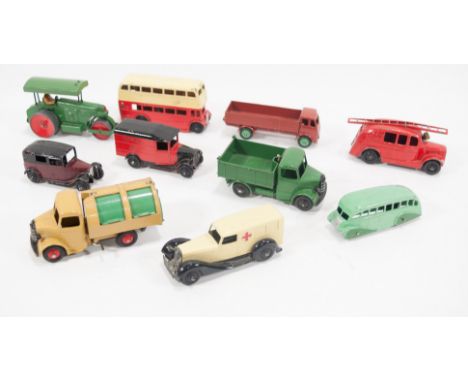 Dinky Toys, diecast models; Streamlined fire engine 25h, Bedford tipper 25m, Avling Barford road roller 25p, forward control 