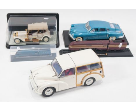 Franklin Mint 1911 Roll-Royce, Sunstar Morris Minor Traveller model, with other train and car models, (5).