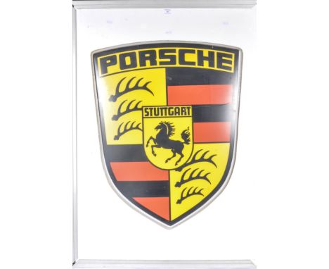 Original garage light up advertising sign "Porsche", 108cm by 78cm, plastic front with metal frame, not tested.