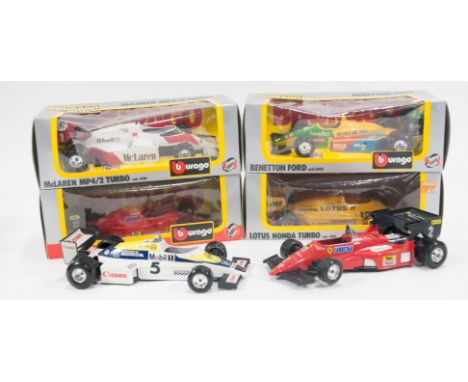 Burago models, scale F1 racing cars, four boxed, (6).