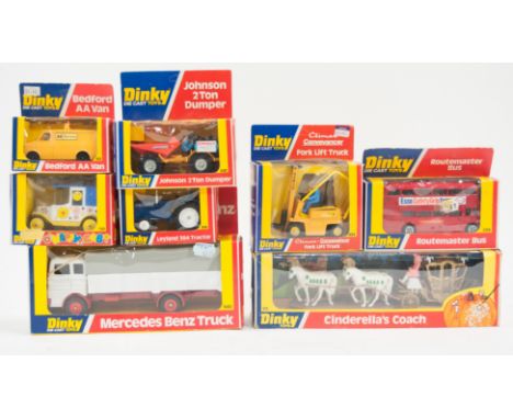 Dinky model diecast toys group; 940 Mercedes Benz Truck, 412 Bedford AA Van, 404 Fork Lift Truck, 430 Johnson 2 Ton Dumper, 1