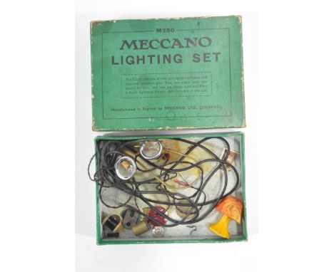 Meccano Lighting Set M280; complete with headlights, table lamp, wires and original box, c1940s.