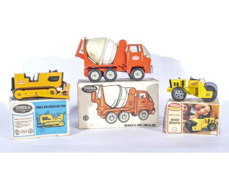 Tonka USA and Canada original 1970s tin models; Bulldozer 2300, Cement Mixer 2620, Mini-Tonka Road Roller, all are boxed, (3)