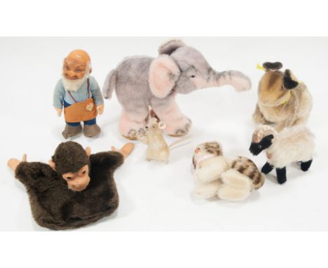 Steiff small plush animals, c1960, to include cat, rabbit, ram, mouse, pink elephant, monkey hand puppet and figure of a man,