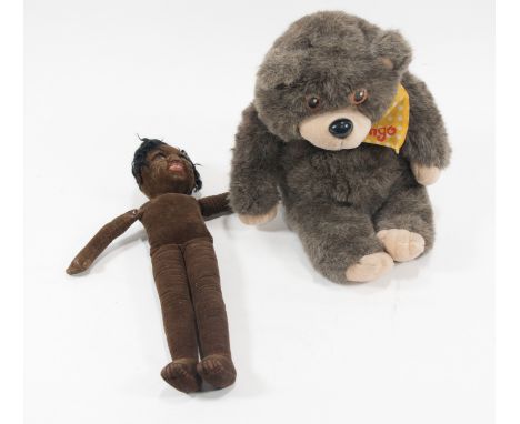 Selection of vintage dolls, including Merrythought black doll, Bingo bear and others, with pram.