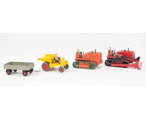 Dinky Toys, diecast model construction vehicles; Blaw Knox bulldozer 561, Muir Hill dumper truck 562, heavy tractor 563, trai