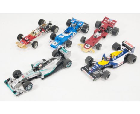Quartzo detailed scale diecast models; Lotus 49, William FW14B, Lotus 72, along with two models by Sparks, all are 1:18 scale