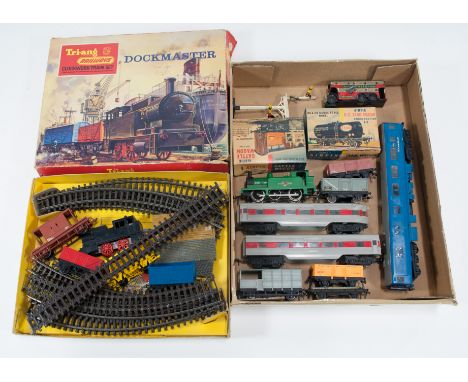 Triang railways RS70 clockwork train set "Dockmaster", along with two airfix model kits of railway wagons, tinplate Brimtoy b