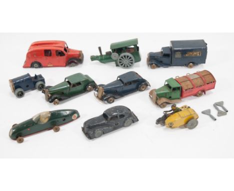 Triang Minic toys; tinplate vehicles, cars and trucks, including LNER express parcels service van, Avling Barford road roller