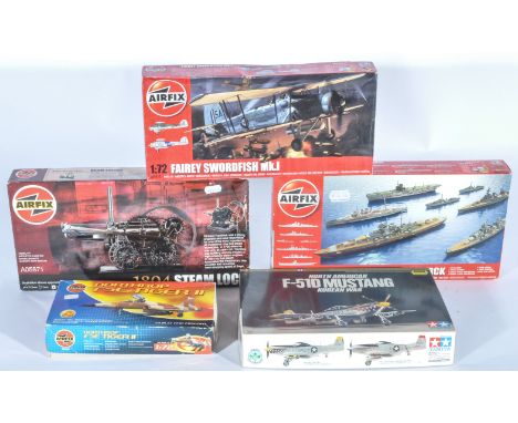 Model plastic kits of boats, planes and stationary engines; Tamiya North American f-51D Korean War Mustang, Airfix beam engin