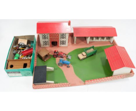 Wooden childs farm set, with selection of Diecast farming models by Corgi Toys, Including Massey Ferguson 165 tractor, Ford S