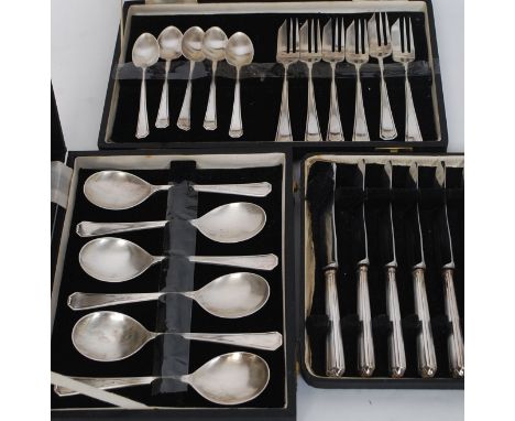 A selection of vintage cased flatware retailed by Mallory of Bath to include fruit knives, dessert spoons etc