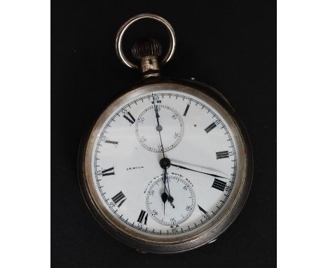 An Edwardian 1909 silver hallmarked Sewill chronograph pocket watch. The chrono with white enamel dial marked for Sewill - Ma